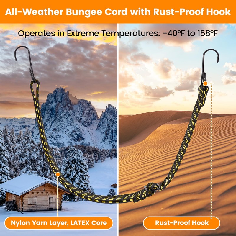 Adjustable Flat Bungee Cord with Hook, Heavy Duty Thickened &