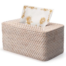 YANGQIHOME Rattan Tissue Box Cover, Rectangle Wicker Tissue Box Holder, Boho Facial Tissue Holder for Living Room, Bathroom, Kitchen, Bedroom, 10.2 x 6.2 x 5.3 inch, Whitewash