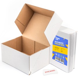Packaging Hero 16 x 12 X 6 cm (aprox. 6.3" x 4.7" x 2.35") White Corrugated Cardboard Mailing Boxes, gift boxes, e-commerce box with free clear round stickers (10 pack)