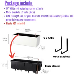 LaLaGreen Wall Planter for Outdoor (2 Pack, 14 Inch) Wall Mounted Self Watering System White Flower Box with Bracket, Window Wall Hanging Rectangular Plant Pot Container Indoor Modern Herb Kitchen