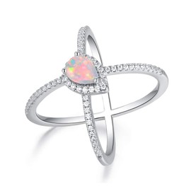 OPALBEST 18K White Gold/Rose Gold Plated Pear Opal Crossover X Ring for Women, Brass created-opal Cubic Zirconia, Created Opal