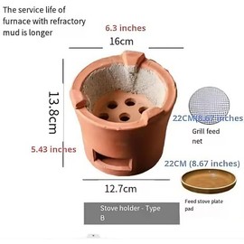 Mwpqbd Rare Red Clay Clay Charcoal Stove Outdoor Home Heating Stove Cooking Tea Stove Roasting Oven Cooking Coffee Complimentary Diameter 22CM Ceramic Insulated Chassis + Mesh Frame