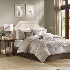 Madison Park Cozy Comforter Set - Trendy Design, All Season Down Alternative Luxury Bedding with Matching Shams, Decorative Pillows, Trinity, Stripe Pleating Taupe Queen(90"x90") 7 Piece