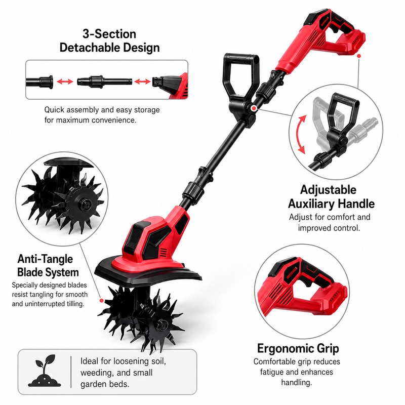 Cordless Electric Garden Tiller for Soil Cultivation – Anti-Tangle Blades