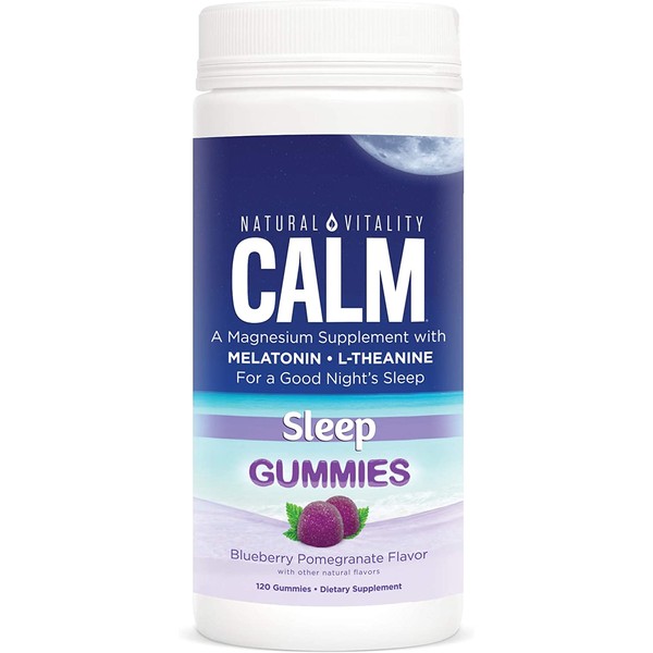 Natural Vitality Calm Sleep Support Gummies with Magnesium, L-Theanine, Melatonin, Gluten Free, Blueberry Pomegranate – 120 Count