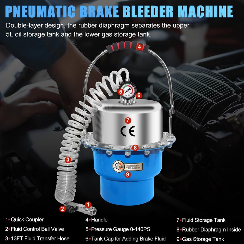 JIFETOR 5L Pneumatic Brake Pressure Bleeder Kit, Air Power Pressurized