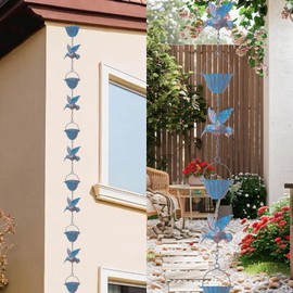 Tefola 2.4 m Rain Chain with Hummingbirds - Metal Rain Drain Chain in Retro Blue, 7 Birds & 7 Cups for Gutters, Garden and Home Decoration