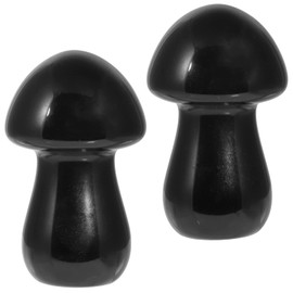mookaitedecor Set of 2 Black Obsidian Crystal Mushroom Sculpture Hand Carved Mini Mushrooms Statue Figurine Pocket Stone for Healing Reiki Balancing Home Decor