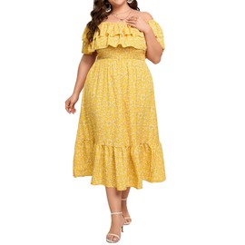 KOJOOIN Women Plus Size Off Shoulder Maxi Dress Ruffle Flowy Casual Summer Boho Long Dresses Yellow Flower 3XL