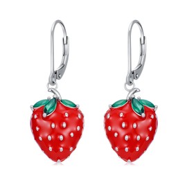POTOPYY Strawberry Earrings 925 Sterling Silver Red Strawberry Earrings Drop Dangle Fruit Jewelry Gifts for Women Daughter Friends