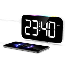 OQIMAX Digital Alarm Clock Large LED Display Alarm Clocks Bedside 10 Colors Night Light Desktop Clock with 5 Adjustable Brightness Dual Alarms Snooze 12/24H Adjustable Volume USB Output Port for Home