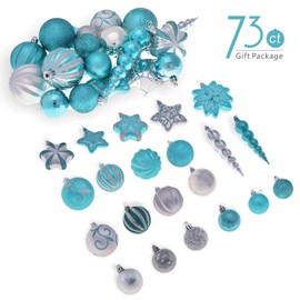 AUXO-FUN - Juego de 73 adornos navideños surtidos irrompibles, colección de lujo, en paquete de regalo portátil reutilizable para decoración de árbol de Navidad (turquesa y plata)