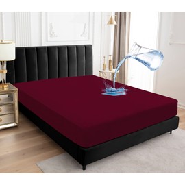Sufdari Waterproof Mattress Protector double,135x190cm Mattress Cover for Bed,30cm Deep Pocket Fitted Sheet Style Mattress Protector with Elastic Rubber Band-Burgundy