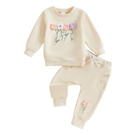 Barbotimer Toddler Baby Girl Fall Winter Clothes 3D Flower Embroidery Sweatshirt Long Sleeve Pullover Tops Jogger Pants Cute 2Pcs Sweatsuit Tracksuit Set (Beige, 2-3 Years)