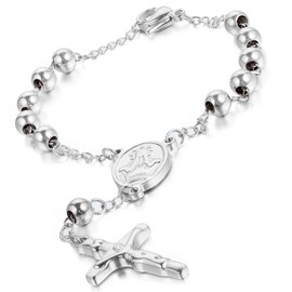 Flongo Men's Womens Vintage Stainless Steel Silver Jesus Crucifix Cross Bead Prayer Link Wrist Bracelet, 8.6 inch
