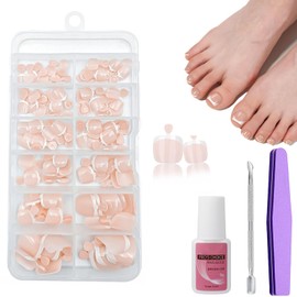 French False Toenail - 120PCS Square False Toenails Short - White French Tip Pink Stick On Toenails - Full Cover Stick on Nails with Glue for Women Girls Nail Art Manicure
