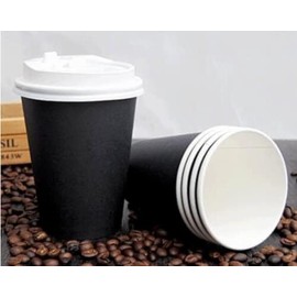 HOT BARGAINS, 50 X 12oz Black Insulated Takeaway Disposable Double Wall Paper Coffee and Cold Drinks Cups to Go with White Lids (12oz)