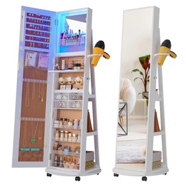 WOOVIVS LED Mirror Jewelry Cabinet Standing, 360° Swivel Jewelry Armoire, Full Length Mirror with Storage, Lockable Jewelry Organizer with Adjustable LED Lights for Bedroom (A-White)