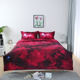 uxcell Full/Queen Size Galaxies Red Comforter Sets - 3D Outer Space Themed Bedding - All-Season Down Alternative Quilted Duvet - Reversible Design- Includes 1 Comforter, 2 Pillow Cases