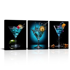 LyeArtork 3 Pieces Blue Cocktail Pictures Wall Art Canvas Prints Black Bar Art Liquor Paintings for Dining Room Kitchen Bar Decor 12"x16"x3pcs
