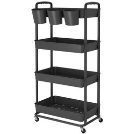 JIUYOTREE 4-Tier Rolling Storage Cart Utility Cart with Extra Hanging Cups Handles Lockable Wheels for Living Room Bathroom Kitchen Office Black