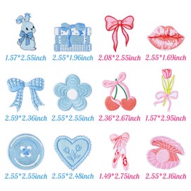 12 Pcs Coquette Iron On Patches Baby Pink Blue Bow Cherry Ballet Sew on Repair Embroidered Applique Cute Bowcore Aesthetic Girly Style DIY Crafts Accessories Gift for Girls Women Clothing Backpack Hat
