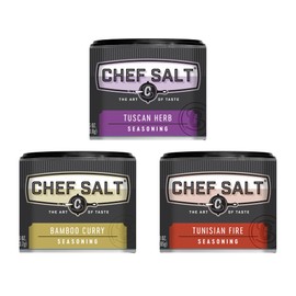 CHEF SALT Sampler Set of 3 Shaker Jars: Tuscan Herb 2.5oz, Tunisian Fire 3oz, Bamboo Curry 2.6oz - Variety Pack of Salts