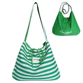 Reversible Green & White Striped Canvas Tote Bag for Women - Large Capacity Shoulder & Crossbody Purse (Dual-Sided Wear),Lightweight Work, Shopping, School & Travel Bag