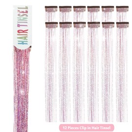 MISSUHUI Hair Tinsel Clip in 12 Pcs Glitter Tinsel Hair Extensions 23.6Inch Clip in Hair Tinsel Sparkling Party Dazzle Fairy Hair Accessories for Girls Women Kids (Pink)