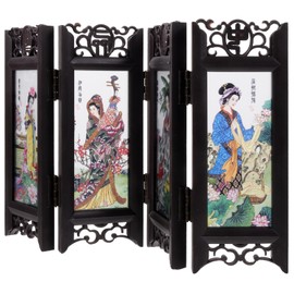 Gogogmee Four Beauties Screen Foldable Screen Divider Retro Folding Small Screen Room Divider Chinoiserie Decor Desk Topper Mini Furniture Folding Screen Office Resin Dining Table Toy Room