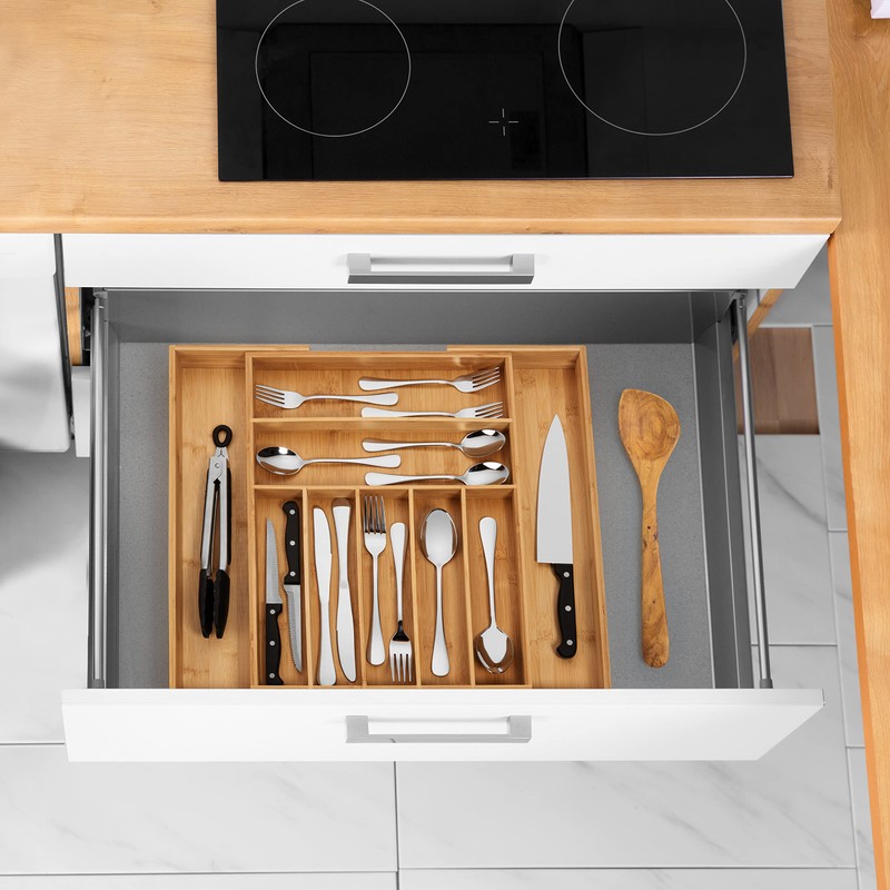 Bamboo Drawer Organizer, 2 Pack - Expandable Silverware Organizer &