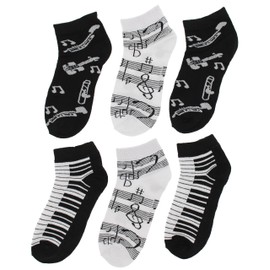 EverBright Women's Black White Music Notes, Piano Keys, Instruments Ankle Low Cut Socks, (6Pr)