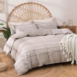 Lekesky Duvet Cover Queen Size, Soft Microfiber Boho Aztec Duvet Cover Set Geometric Khaki Queen Bedding Duvet Cover Sets with Zipper Closure Corner Ties (No Comforter)