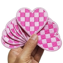 FSFYXHC Set of 12 Pink Checkered Flag Heart Western Cowgirl Southwest Iron On Embroidered Patches Appliques Machine Embroidery Jacket Denim Jeans Shirt Trucker Hat Cap Patch 2.5"x2.3"
