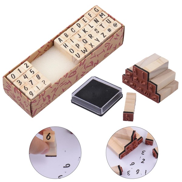 Wooden Rubber Stamps Kit, 40 Pcs Wooden Alphabet Stamps Kit Capital Letter, Numbers and Symbol Mini Letter Stamps and Ink Pad Set for Card Making, Arts Craft, Scrapbooking