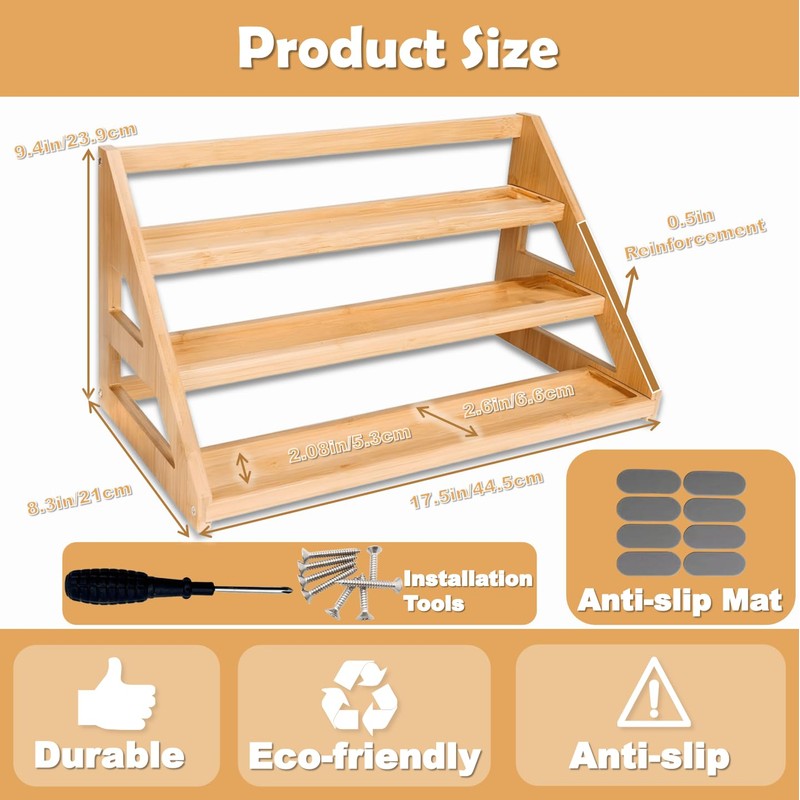 Rasydyn Bamboo Spice Rack: Large Spice Shelf for Kitchen Countertop