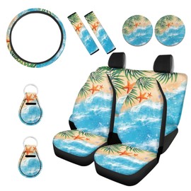 Wanyint Beach Ocean Starfish Car Seat Cover Set of 11pc with Front Back Seats 15 Inch Universal fit Steering Wheel Cover + Seat Belt Strap Cover + Cup Holder Coasters + Auto Keychains