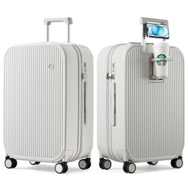 mixi Checked Luggage with Cup Phone Holder Hard Shell Rolling Travel Suitcase with Spinner Wheels,26 Inch Smoke White
