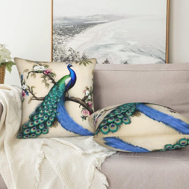 Retro Peacock Throw Pillow Cover 20x20 Inch Decorative Pillow Cases