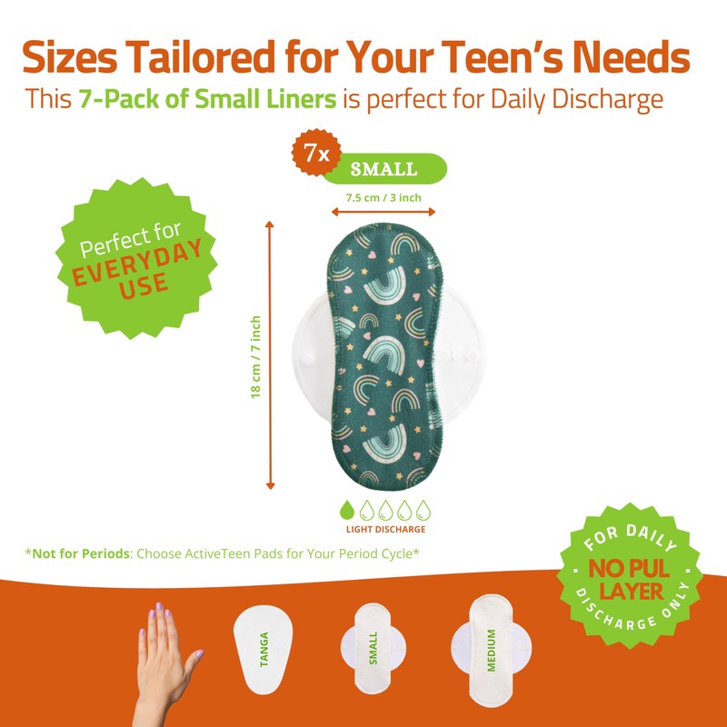 Teens reusable panty liner, 7-pack, SMALL; organic cotton; black witch;