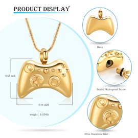 Hearbeingt Cremation Jewelry for Ashes Pendant Game Controller Urn Necklace Ashes Holder GamePad Keepsake Necklace for Men for Boy(Gold)