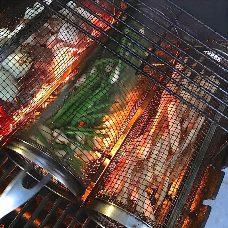 2PCS BBQ Net Tube Stainless Steel Barbecue Grill Basket Rolling