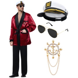 WooHand - Conjunto de chamarra de túnica roja sedosa y pantalones de pijama negros para hombres con chamarra para fumar, sombrero, anteojos de sol, pin para Halloween o cosplay, Clásico rojo, Small