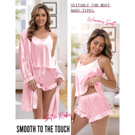 MORFORU Silk Pajamas for Women 3 Piece Satin Pajama Set with Robe Camisole Tops Ruffle Shorts with Sleep Mask 2 Piece Pjs, Pink, Small