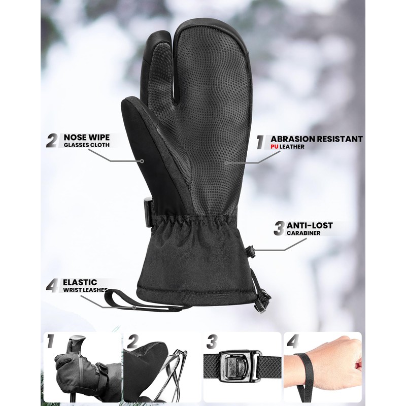 OutdoorMaster 3-Finger Ski Gloves for Women & Men, Waterproof &