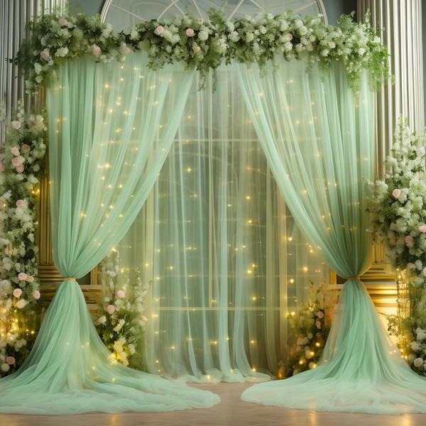 20x10ft Green Tulle Backdrop Curtain with Lights String for Parites,