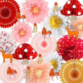 iwlorys Mushroom Party Decorations Pack for Wonderland Fairy First Birthday Jungle Forest Boho Rustic Cottagecore Party Decor Girls Baby Shower Honeycomb Balls Daisy Pom Flowers (Mushroom)