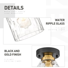 zeyu Industrial Semi Flush Mount Ceiling Light, Round Hallway Lighting Fixtures Ceiling for Kitchen Entryway, Water Ripple Glass Shade, Black and Gold Finish, ZG33F BK+BG-WG