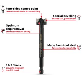 kwb Forstner Bit, Ø 18 mm, Cup Drill Bit (for Wood, Forged Drill Head, Special Grinding, Fast, Tear-Free Drill Holes, 4-Sided Ground Centre Point, Durable, for Cordless Screwdrivers & Drills)