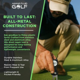 Aiming Fluid Golf 5-in-1 Divot Repair Tool with Ball Marker, Groove Cleaner, Club Tee, Putting Alignment, Switchblade Design – Premium Golf Gift and Accessory (Sunday Red Divot Tool)